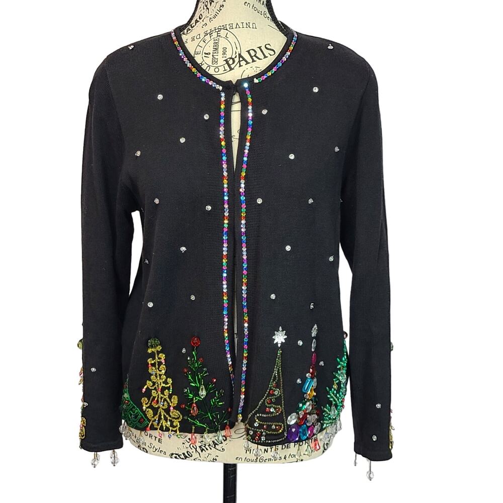 BEREK Christmas Sweater Heavily done in Rhinestones and Beads Vintage Size Small